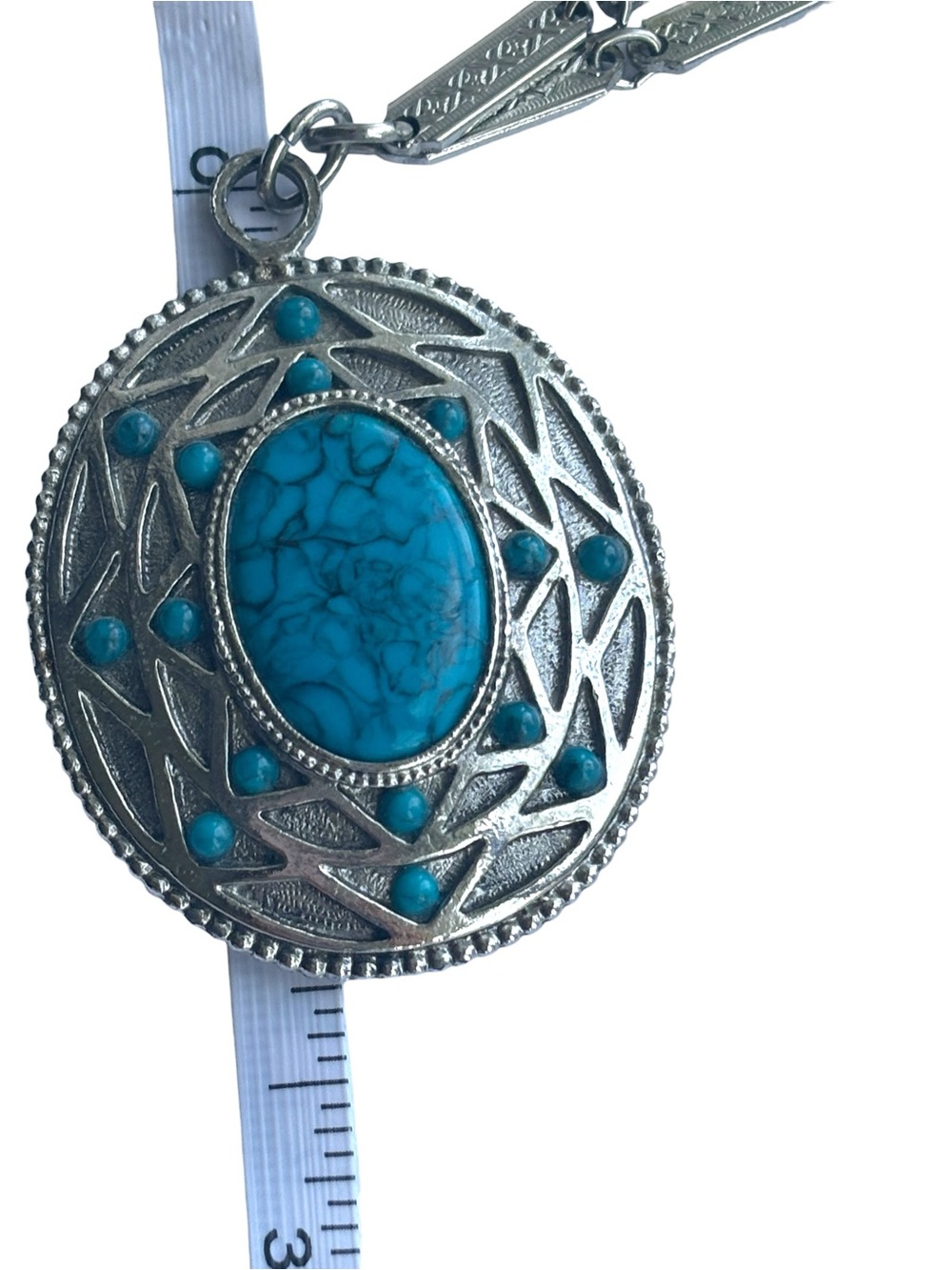 Vintage Whiting & Davis Victorian Revival Faux Turquoise Pendant Necklace 70s - Picture 13 of 15